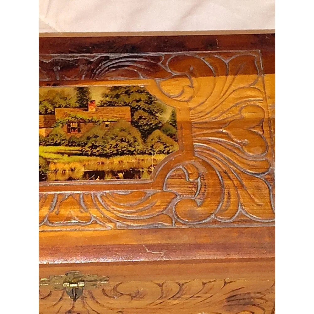 Vintage Mid-Century Carved Cedar Jewelry Box with Cottage Scene Interior Mirror